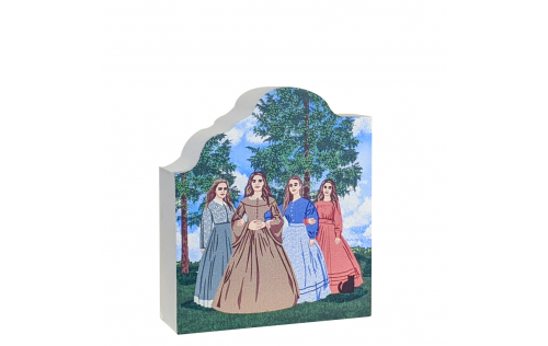 This scene depicts Louise May Alcott with her siblings, Anna as Meg, Elizabeth as Beth, Abba as Amy and herself as Jo. Handcrafted of wood in the USA by The Cat's Meow Village.