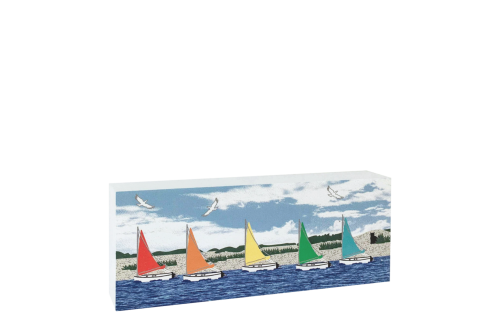 Replica of Rainbow colored sailboats along Cape Cod. Handcrafted in 3/4" thick wood by The Cat's Meow Village in the USA.