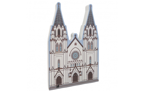 Detailed front of the Cathedral of St. John Catholic Church, Savannah, Georgia.  Handcrafted in 3/4" thick wood by The Cat's Meow Village in the USA.