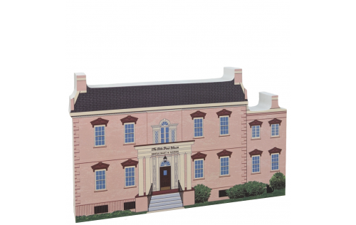 Front of replica of the Olde Pink House, Savannah, Georgia.  Handcrafted in 3/4" thick wood by The Cat's Meow Village in the USA.