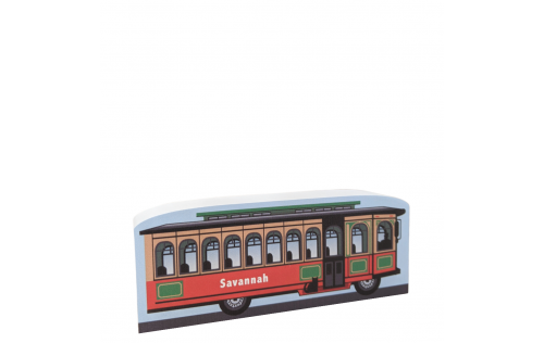 Replica of a trolley in Savannah, Georgia.  Handcrafted in 3/4" thick wood by The Cat's Meow Village in the USA.