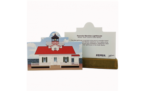 Front & Back of your very own replica of this Roanoke Marshes Lighthouse. We handcraft in all its colorful details in Wooster, Ohio. By The Cat's Meow Village.