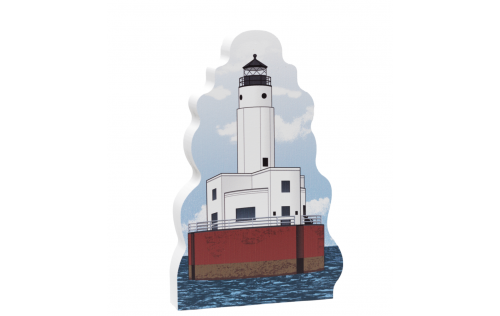 Replica of the Cleveland Ledge Lighthouse in Buzzards Bay, Cape Cod. Handcrafted in 3/4" thick wood with colorful details on the front and a short history on the back. American made by The Cat's Meow Village.