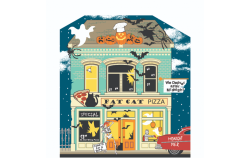 Add this Fat Cat Pizzeria to your Halloween decorations this year. Handcrafted of 3/4" thick wood in Wooster, Ohio by The Cat's Meow Village.