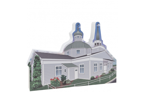Replica of St. Michaels Orthodox Cathedral, Sitka, Alaska.  Handcrafted in 3/4" thick wood by The Cat's Meow Village in the USA.