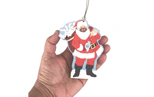 Special Delivery Santa 2020 Ornament. Handcrafted in the USA 3/4" thick wood by Cat’s Meow Village.