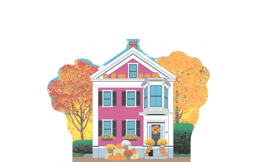 Beautifully detailed keepsake of The Pink House, Autumn in Salem, Massachusetts.  Handcrafted by Cat's Meow Village in the USA.