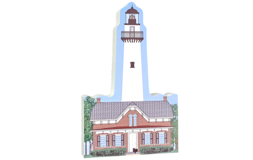 Colorfully detailed front of St. SImons Lighthouse, Georgia. Handcrafted in the USA 3/4" thick wood by Cat’s Meow Village