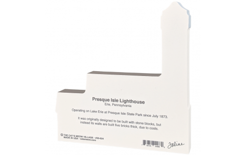Back description of Presque Isle Lighthouse, Erie, PA. Handcrafted in the USA 3/4" thick wood by Cat’s Meow Village.