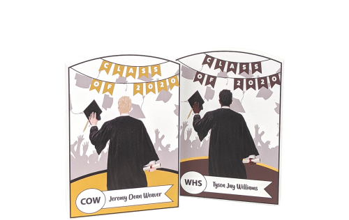 Add your grads style to this graduation commemorative handcrafted in 3/4" thick wood by The Cat's Meow Village in the USA.
