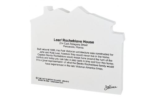 Back description of the Lear / Rocheblave House, Pensacola, Florida. Handcrafted in the USA by Cat's Meow Village.