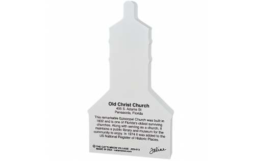 Back description of Old Christ Church, Pensacola, Florida.  Handcrafted in the USA by Cat's Meow Village.