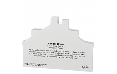 Back description of the Barkley House, Pensacola, Florida.  Handcrafted in the USA by Cat's Meow Village