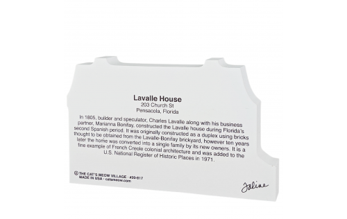 Back description of Lavelle House, Pensacola, Florida.  Handcrafted in the USA by Cat's Meow Village.