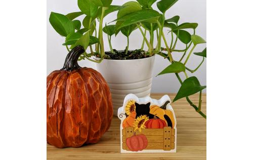 Wouldn't this cute fall cat and pumpkins look cute on your workdesk or bookshelf? We handcraft it in 3/4" thick wood in Wooster, Ohio.