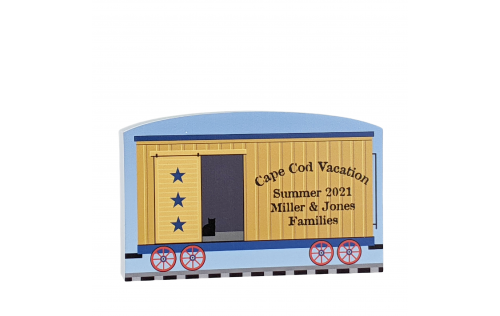 Add personalization to the train car to celebrate your family memories. Handcrafted of 3/4" thick wood by The Cat's Meow Village in Wooster, Ohio.