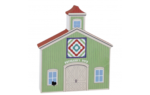 Drunkard's Path Quilt Barn crafted in 3/4" thick wood to decorate your bookshelf or sewing room wall. Handcrafted in the USA by The Cat's Meow Village. Look for our Casper black cat!