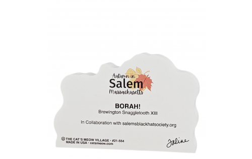 Back Description of Borah, Autumn in Salem, Massachusetts. Handcrafted in the USA 3/4" thick wood by Cat’s Meow Village.