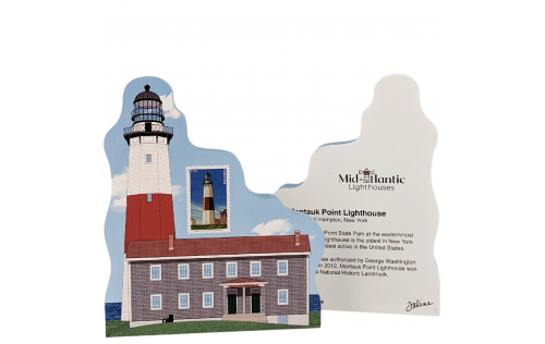 Front and back of the Montauk Point Lighthouse with a USPS Mid-Atlantic Lighthouse postage stamp. handcrafted in 3/4" thick wood by The Cat's Meow Village in the USA.