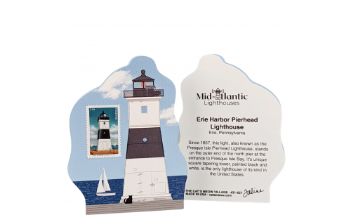 Front and back of the Erie Harbor Pierhead Lighthouse with a Mid-Atlantic Lighthouse postal stamp handcrafted in 3/4" thick wood by The Cat's Meow Village in the USA.