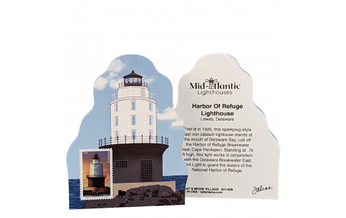 Front and back of the Harbor of Refuge Lighthouse with Mid-Atlantic lighthouse stamp, handcrafted by The Cat's Meow Village in the USA.