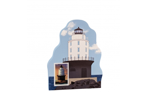 Harbor of Refuge Lighthouse with Mid-Atlantic lighthouse stamp, handcrafted by The Cat's Meow Village in the USA.