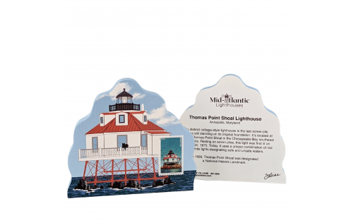 Front and back of the Thomas Point Shoal Lighthouse includes a USPS stamp from the Mid-Atlantic Lighthouse Series Stamps. Handcrafted by The Cat's Meow Village in the USA
