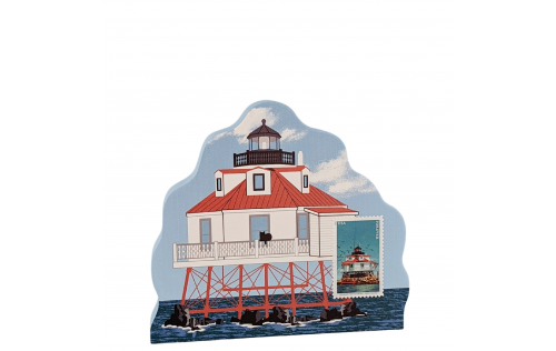 This Thomas Point Shoal Lighthouse includes a USPS stamp from the Mid-Atlantic Lighthouse Series Stamps. Handcrafted by The Cat's Meow Village in the USA