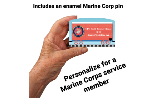 You can personalize this US Marine service train car with names of family and friends. Handcrafted in 3/4" thick wood with enamel military pin attached by The Cat's Meow Village in the USA.