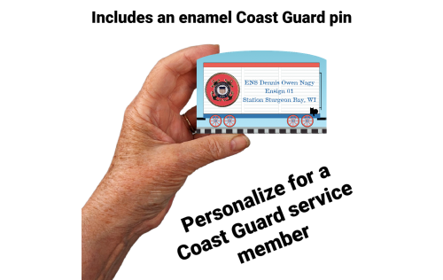 You can personalize this US Coast Guard service train car with names of family and friends. Handcrafted in 3/4" thick wood with enamel military pin attached by The Cat's Meow Village in the USA