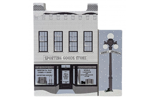 Sporting Goods Store & Corner Lamppost - It's A Wonderful Life handcrafted by The Cat's Meow Village in Wooster, Ohio.