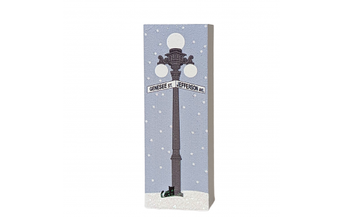 Corner of Genesee St & Jefferson Ave Lamppost - It's A Wonderful Life movie. Handcrafted in 3/4" thick wood by The Cat's Meow Village in the USA.