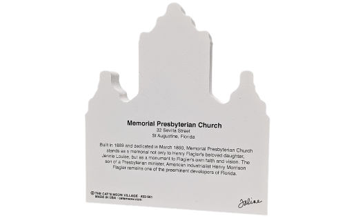 Back of the Memorial Presbyterian Chruch, 32 Sevilla Street, St. Augustine, Florida. Handcrafted in 3/4" thick wood to display in your home by The Cat's Meow Village in the USA.