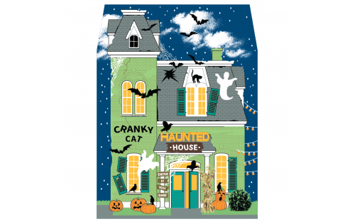 Wooden collectible of the Cranky Cat Haunted House for your home Halloween decor. Handcrafted in 3/4" thick wood by The Cat's Meow Village in the USA.