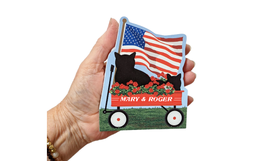 Personalize this little red patriotic wagon with family names, anniversaries, etc. Handcrafted in 3/4" thick wood by The Cat's Meow Village in the USA.