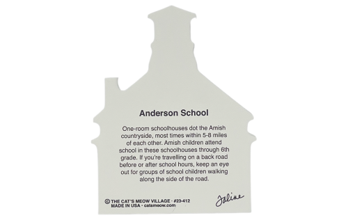 Back of the wooden Cat's Meow keepsake of Anderson Amish schoolhouse located near our workshop in Wooster, Ohio.