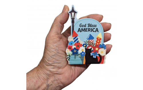 Wooden red, white, and blue God Bless America gift decor. Handcrafted by The Cat's Meow Village in the USA.