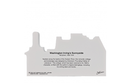 Story on the back of the wooden souvenir of Washington Irving's Sunnyside in Tarrytown, NY. Handcrafted in the USA by The Cat's Meow Village.