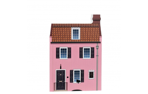 The Pink House, 17 Chalmers Street, Charleston, SC handcrafted in 3/4" thick wood by The Cat's Meow Village in the USA.