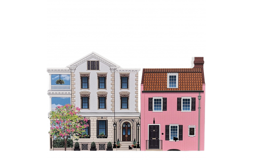 The Patrick O'Donnell's House, and The Pink House in Charleston, SC handcrafted in 3/4" thick wood in the USA by The Cat's Meow Village.