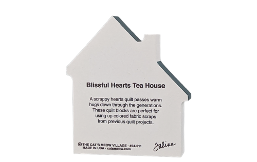 Back of the Blissful Hearts Tea House wooden keepsake handcrafted by the Cat's Meow Village in Wooster, Ohio.