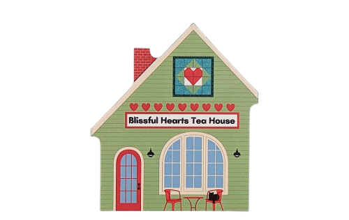 Blissful Hearts Tea House wooden keepsake handcrafted by the Cat's Meow Village in Wooster, Ohio.