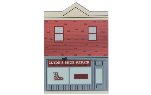 Vintage Clyde's Shoe Repair from Elm Street Series handcrafted from 3/4" thick wood by The Cat's Meow Village in the USA