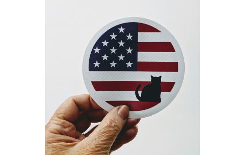 4" Vinyl sticker of US banner with Cat's Meow mascot, Casper