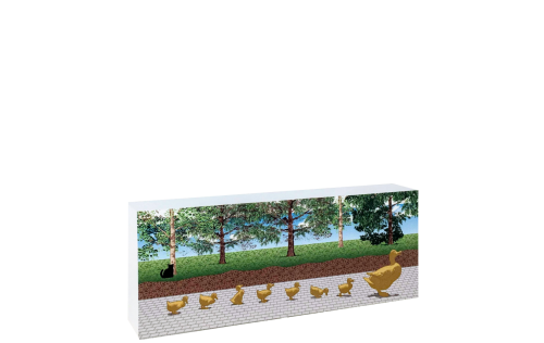 Mrs. Mallard and her 8 Ducklings in Boston Public Garden. Replica in 3/4" thick wood handcrafted by The Cat's Meow Village in the USA.
