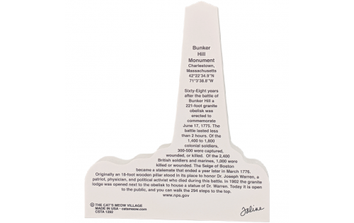Back description of Bunker Hill Monument, Boston National Historical Park, Charlestown, Massachusetts.  Handcrafted in the USA 3/4" thick wood by Cat’s Meow Village.