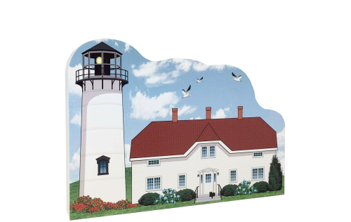 Replica of Chatham Lighthouse on Cape Cod, Massachusetts handcrafted in 3/4" thick wood by The Cat's Meow Village in the USA.