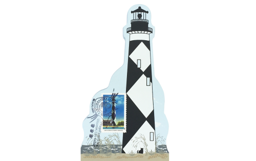 Cape Lookout Lighthouse w/ USPS Lighthouse Stamp from Southeastern Lighthouse Series handcrafted from 3/4" thick wood by The Cat's Meow Village in the USA