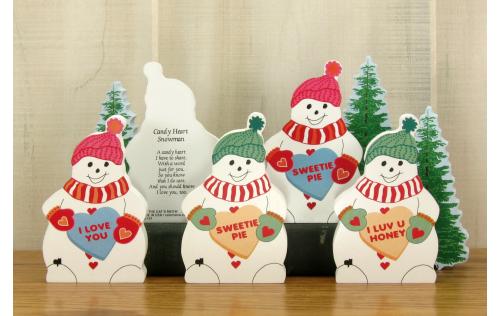 Examples of personalized Candy Heart Valentine's Snowmen-available in 2 color combinations