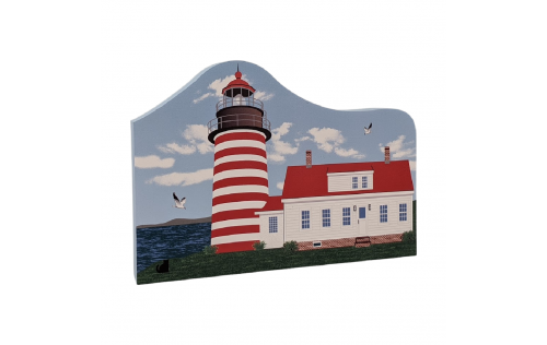 Colorful and detailed replica of West Quoddy Lighthouse, Lubec, Maine. Handcrafted in the USA 3/4" thick wood by Cat’s Meow Village.